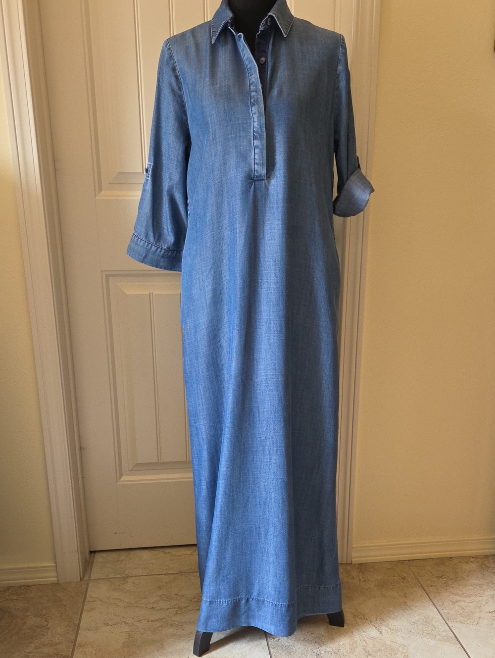 Chico's Chambray Denim Twill Maxi Shirt Dress, Blue, Size: 00, US 2/XS